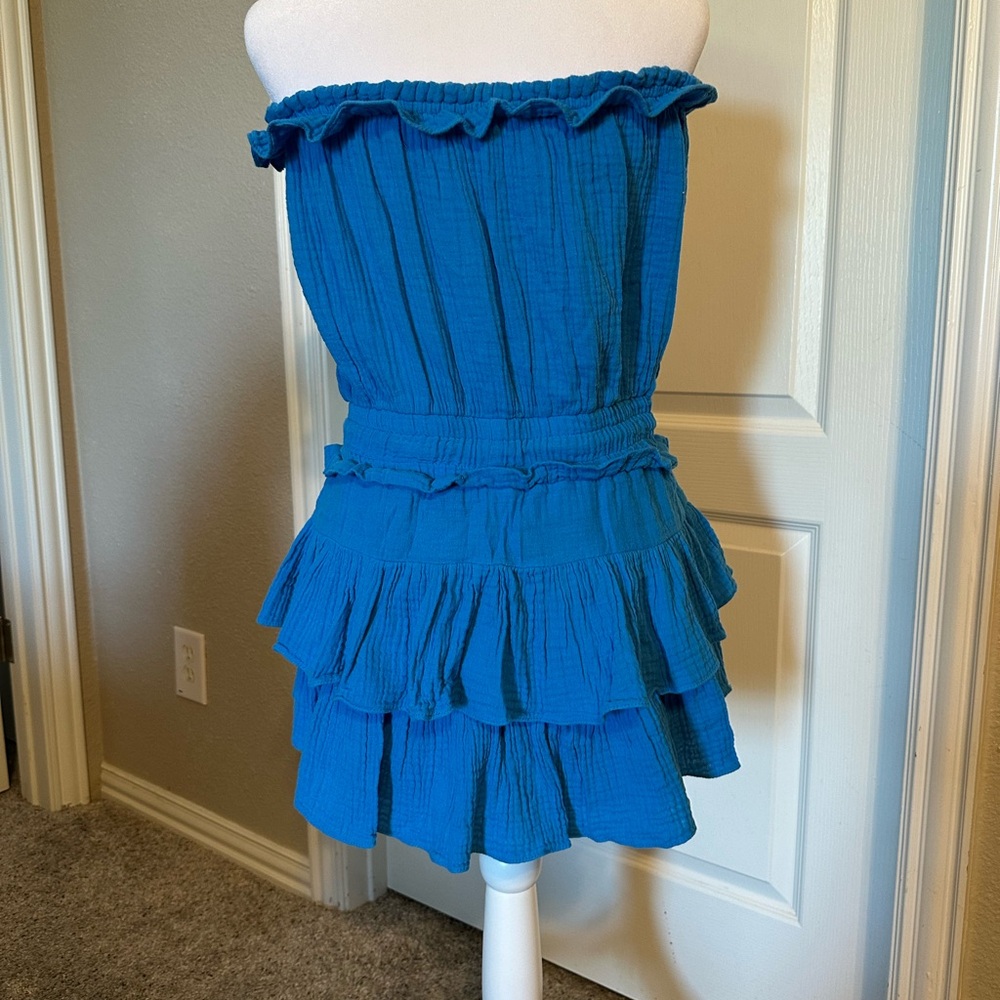 Blue Ruffled Strapless Dress - Picture 2 of 3